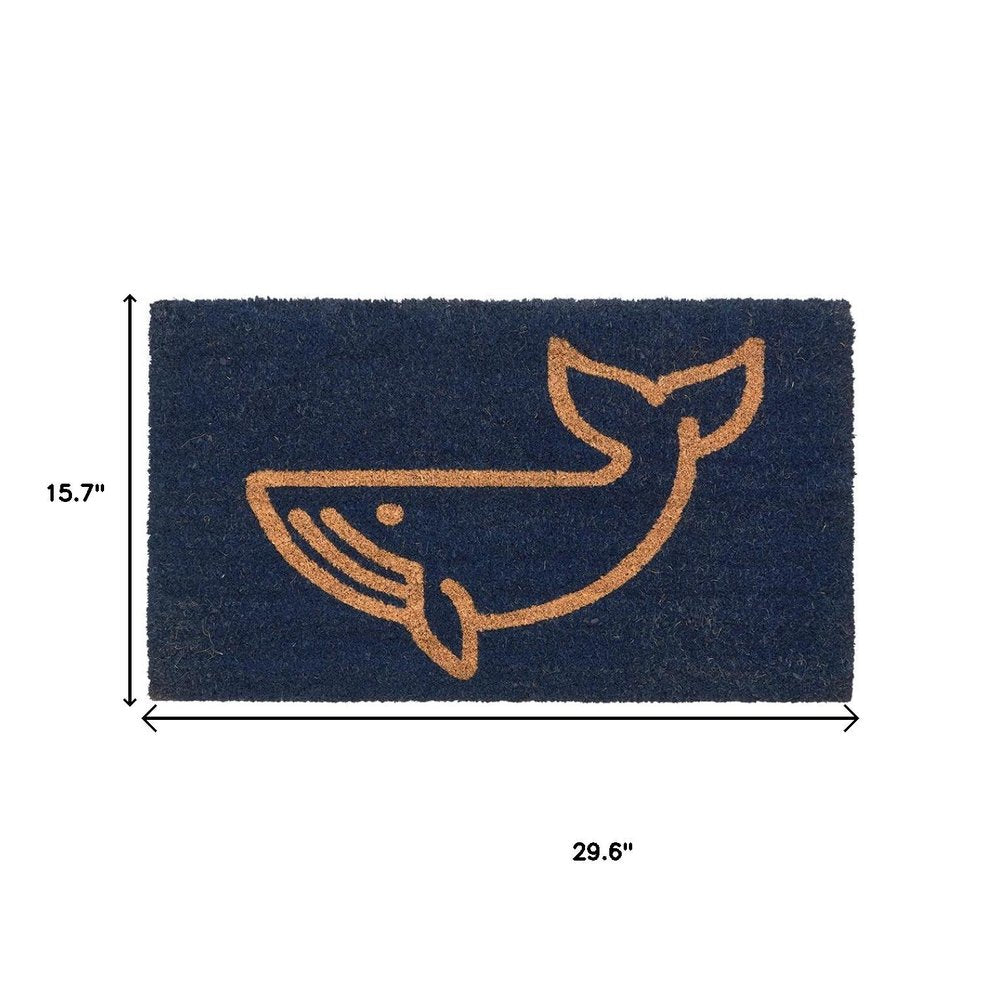 16" X 30" Natural And Navy Blue Whale Indoor Coir Door Mat