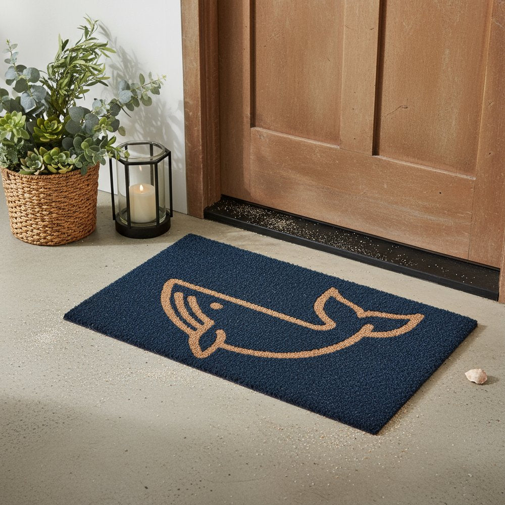 16" X 30" Natural And Navy Blue Whale Indoor Coir Door Mat