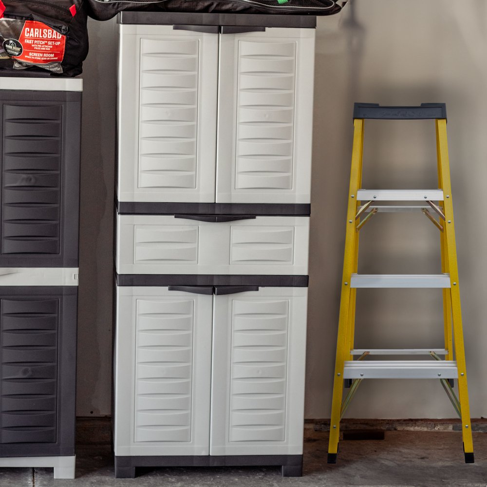 23" Black and Gray Plastic Accent Cabinet With Four Doors And One Drawer