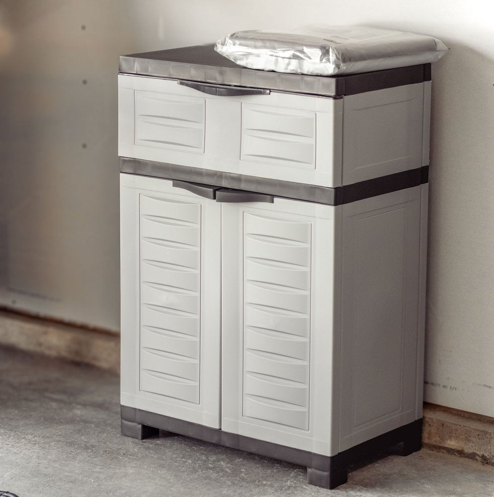 24" Gray Plastic Accent Cabinet With Two Doors And One Drawer
