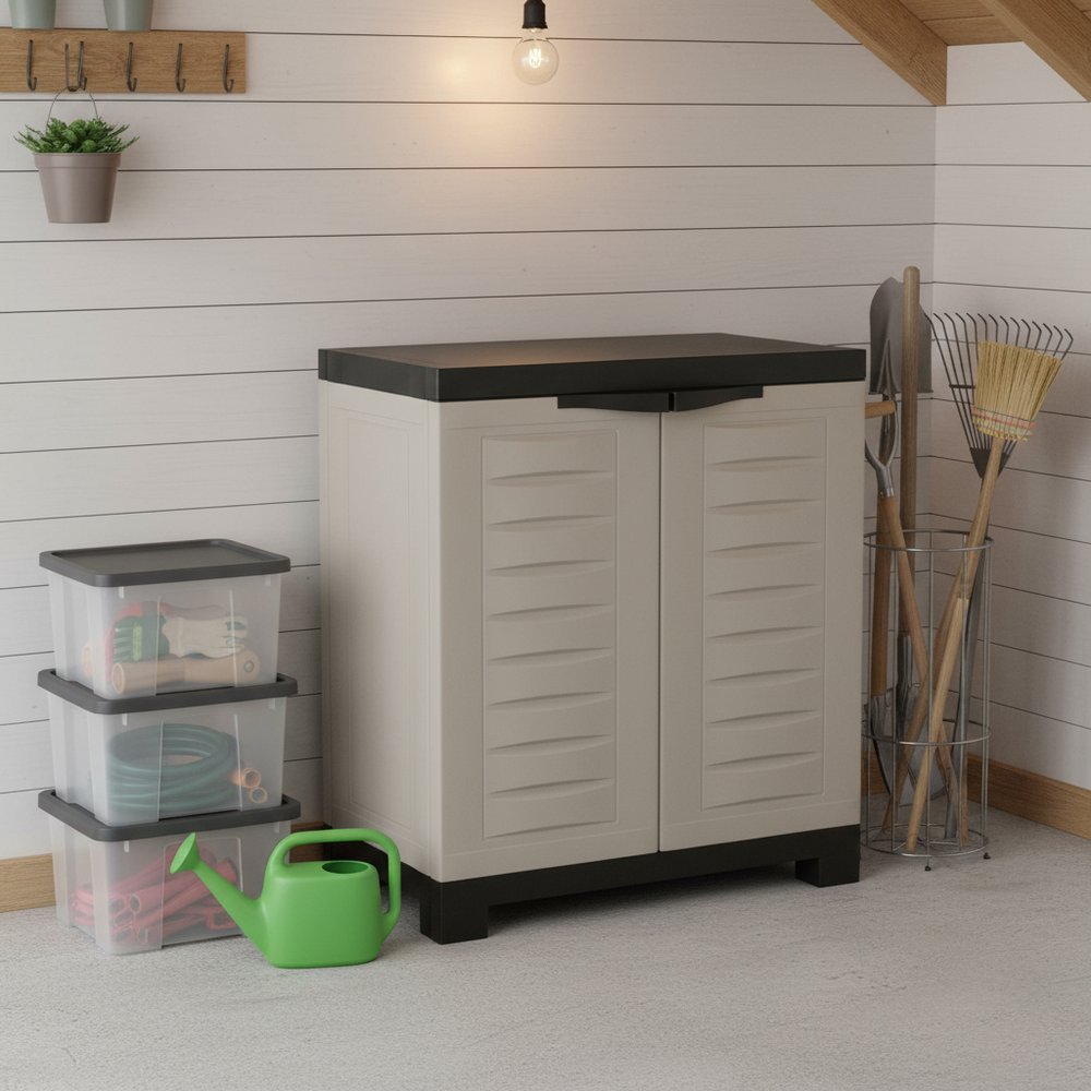 23" Black and Gray Plastic Accent Cabinet With Two Doors