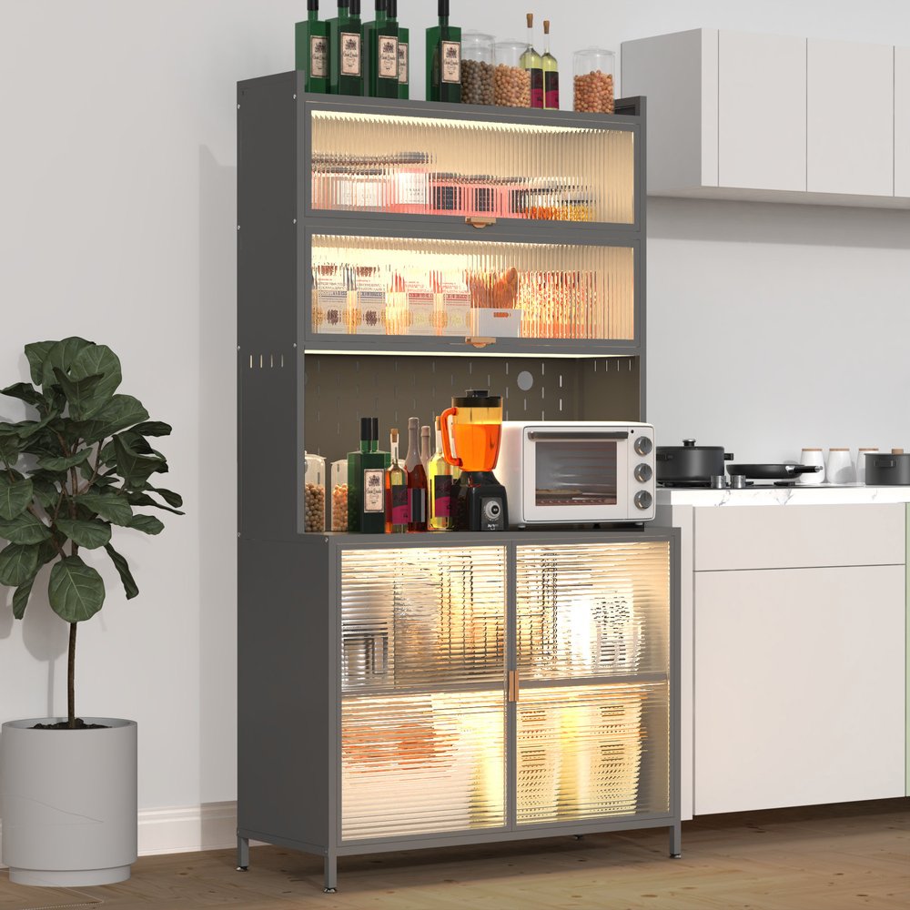 73" Gray Stainless Steel Textured Door Dining Hutch With Two Doors