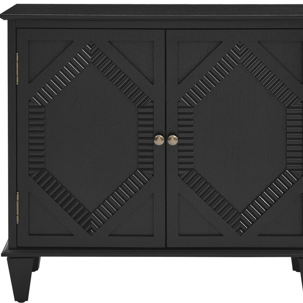 34" Black Wood Carved Geometric Accent Cabinet With Two Doors
