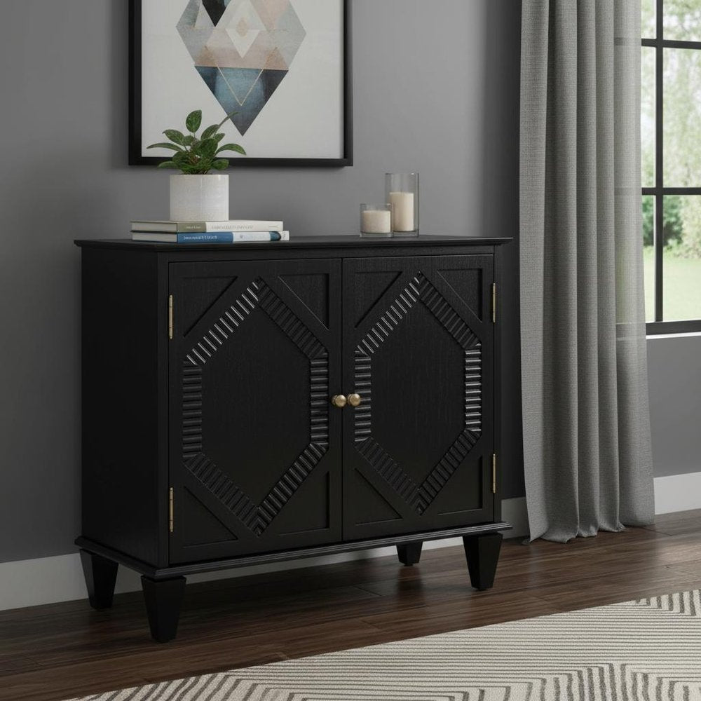 34" Black Wood Carved Geometric Accent Cabinet With Two Doors