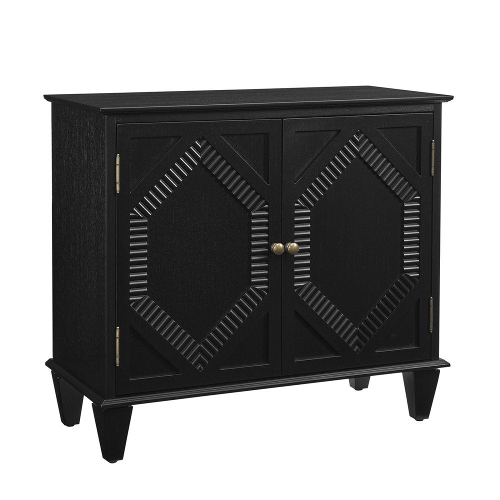 34" Black Wood Carved Geometric Accent Cabinet With Two Doors