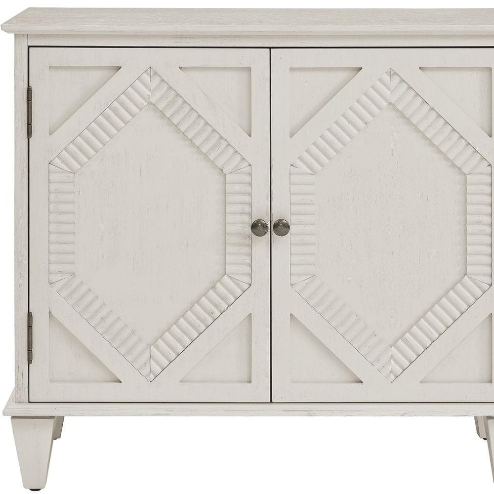 34" White Wood Carved Geometric Accent Cabinet With Two Doors