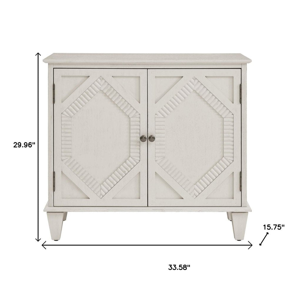 34" White Wood Carved Geometric Accent Cabinet With Two Doors