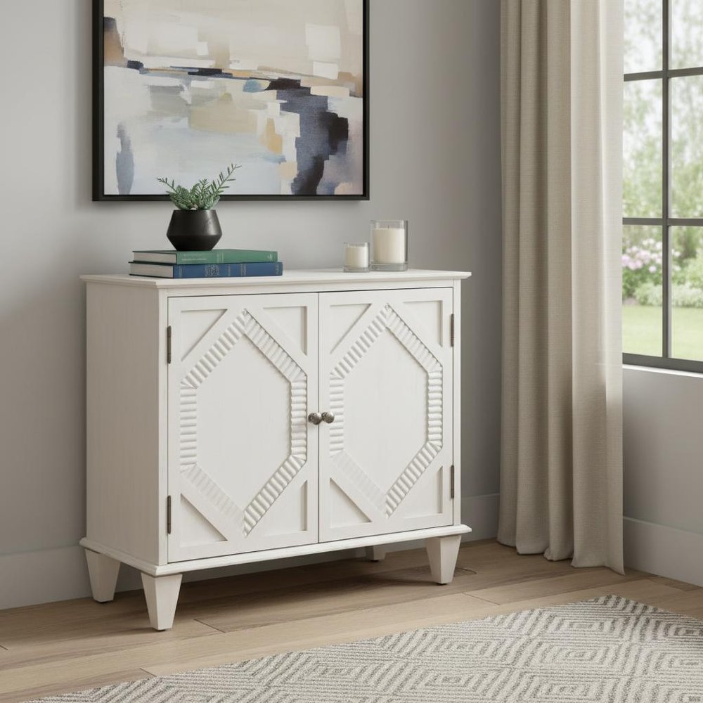 34" White Wood Carved Geometric Accent Cabinet With Two Doors