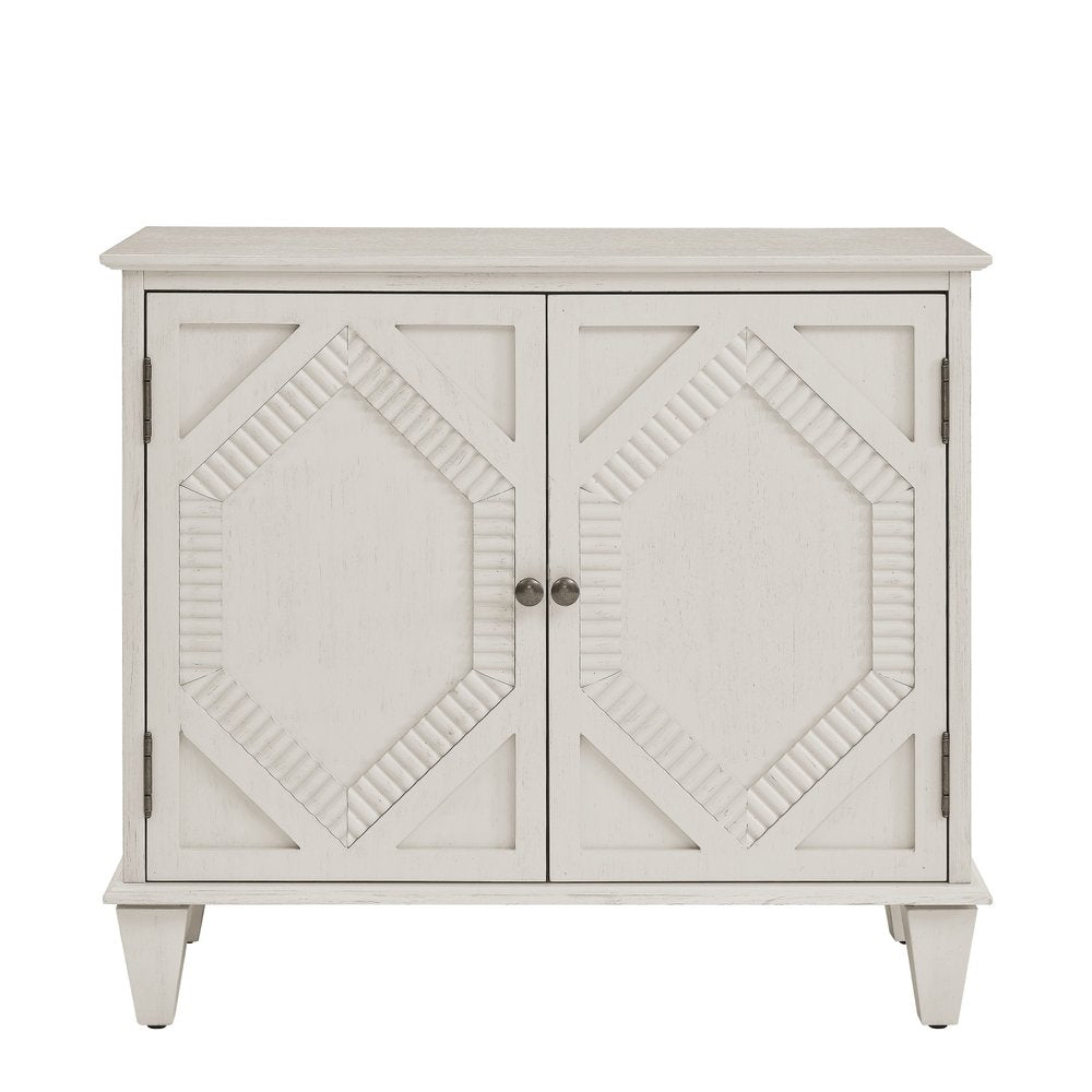 34" White Wood Carved Geometric Accent Cabinet With Two Doors