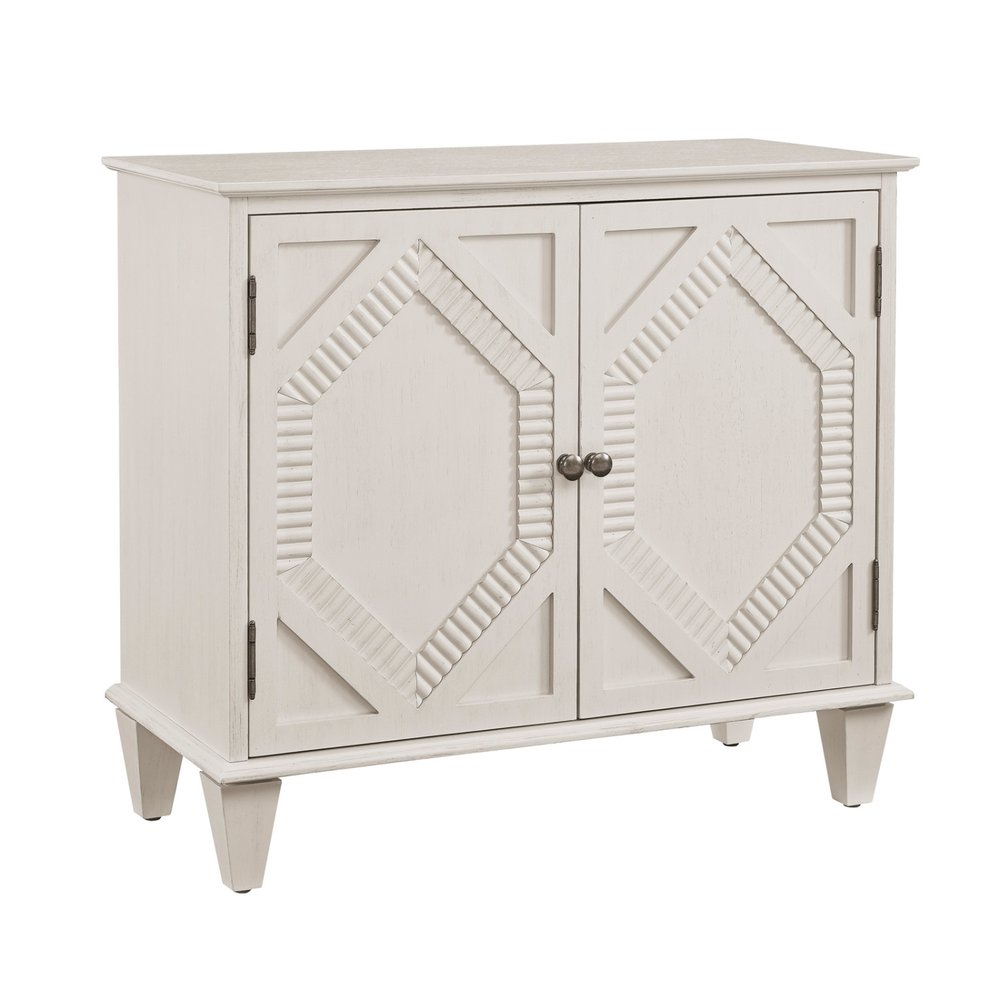 34" White Wood Carved Geometric Accent Cabinet With Two Doors