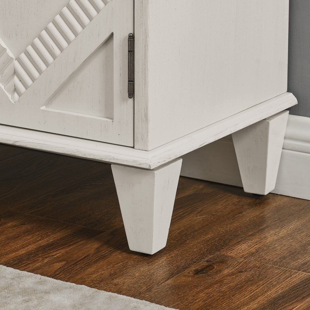 34" White Wood Carved Geometric Accent Cabinet With Two Doors