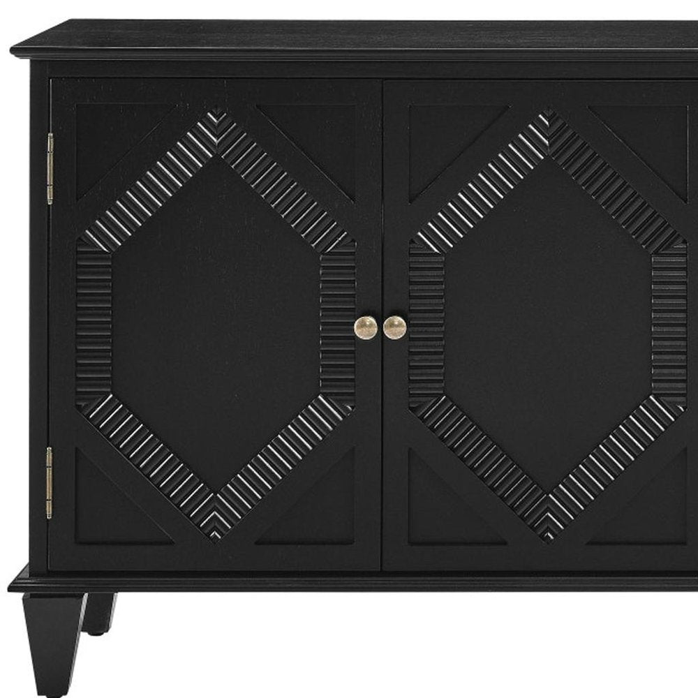 66" Black Wood Carved Geometric Accent Cabinet With Four Doors