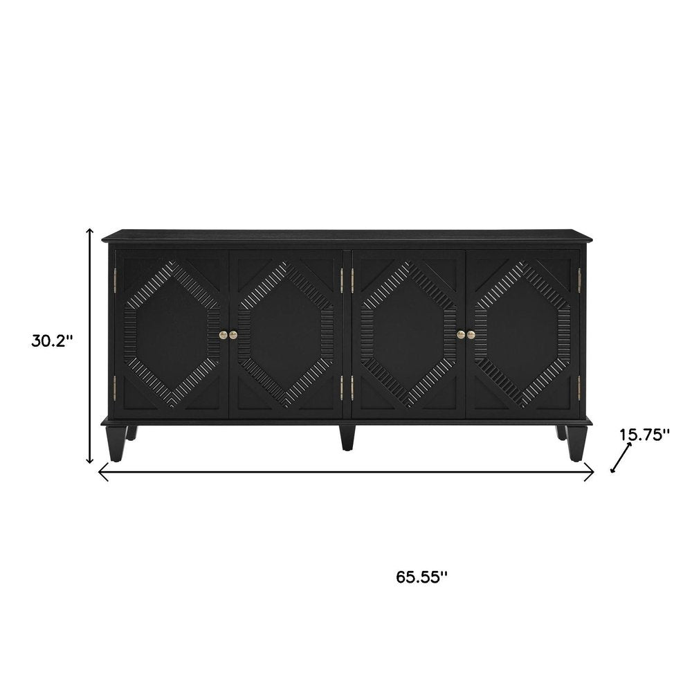 66" Black Wood Carved Geometric Accent Cabinet With Four Doors
