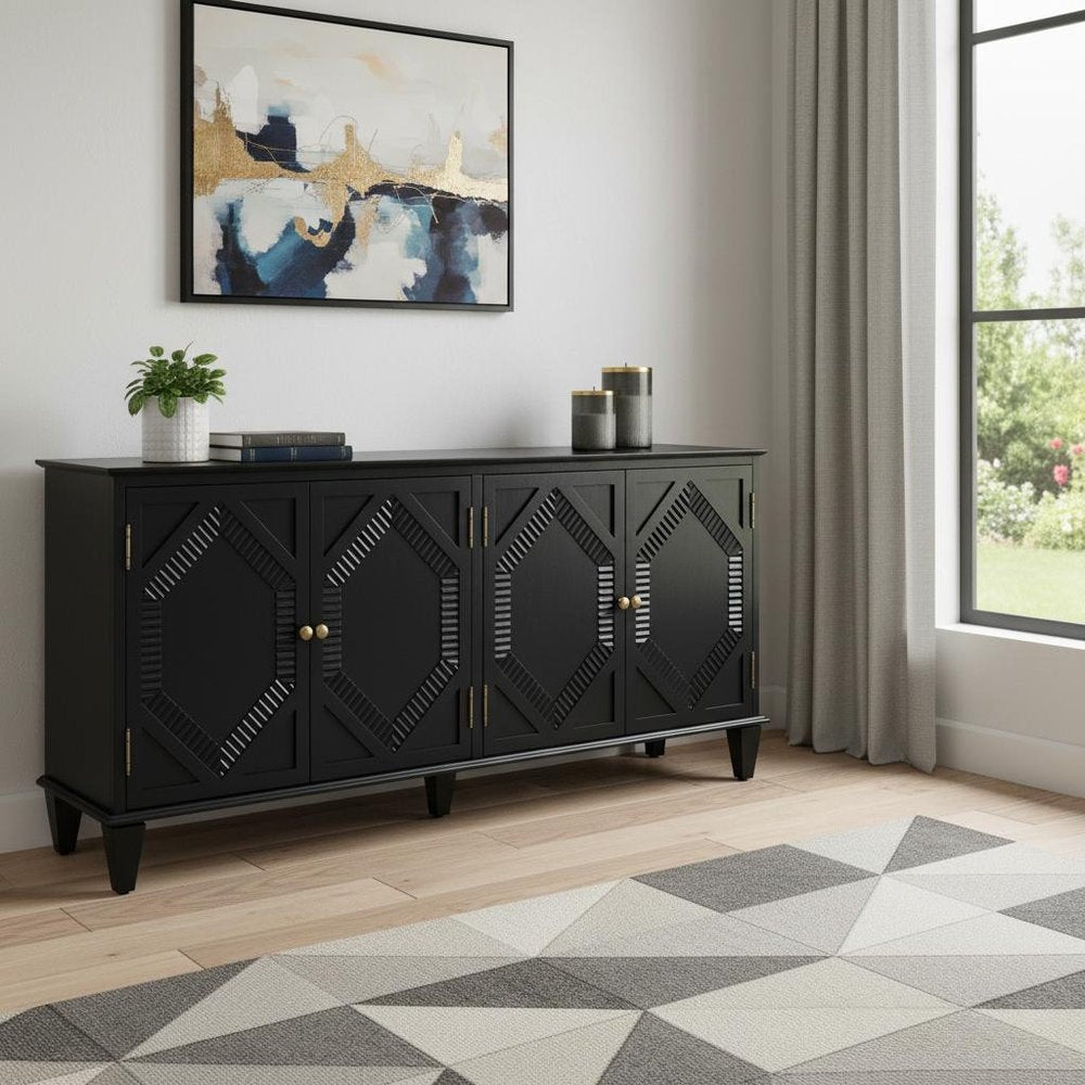 66" Black Wood Carved Geometric Accent Cabinet With Four Doors