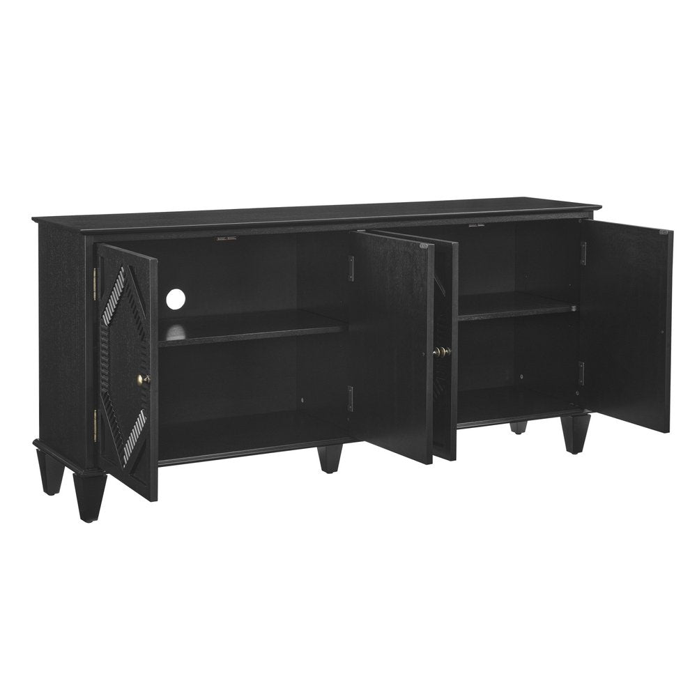 66" Black Wood Carved Geometric Accent Cabinet With Four Doors