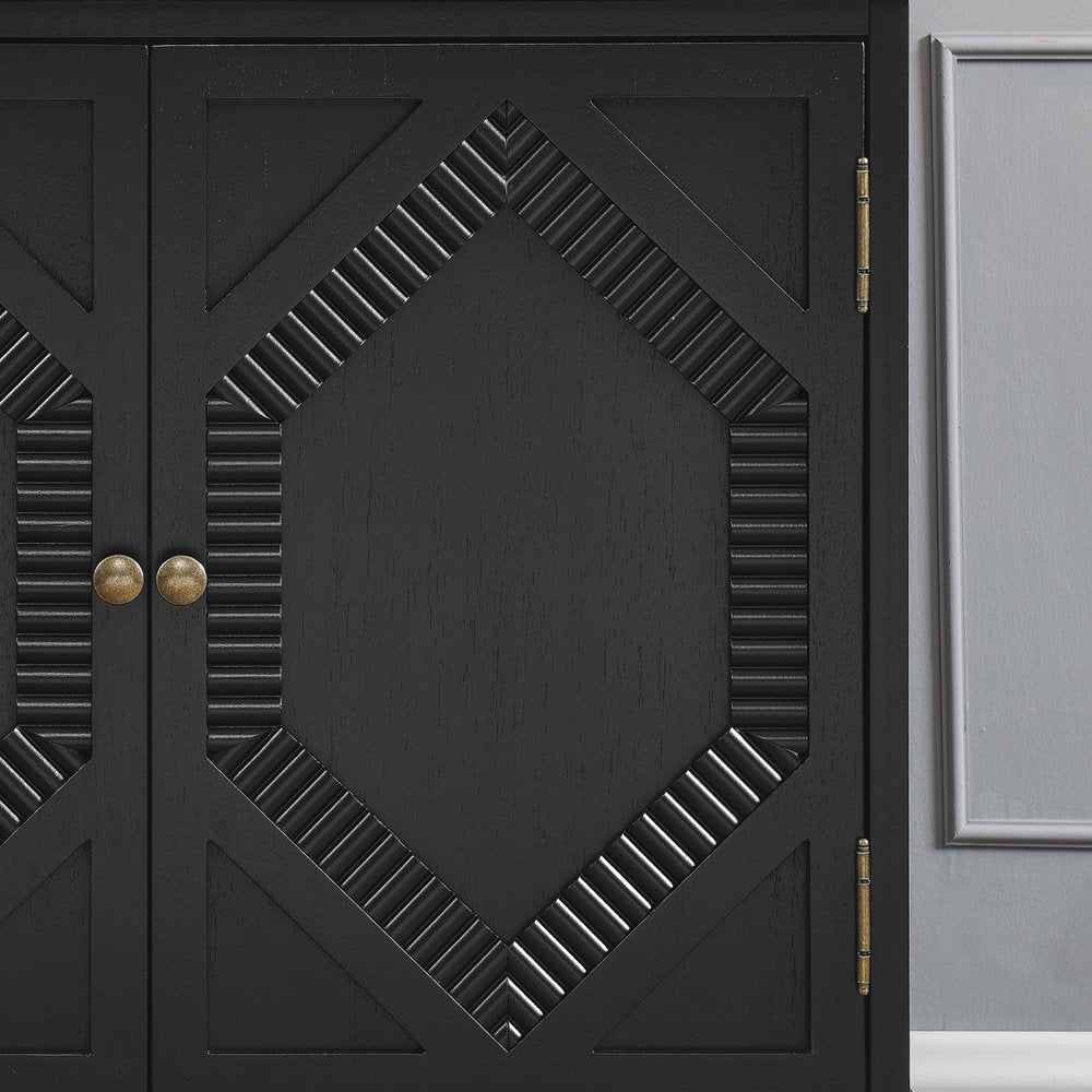 66" Black Wood Carved Geometric Accent Cabinet With Four Doors