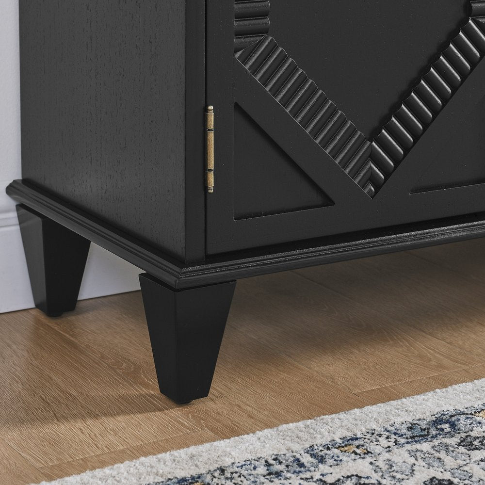 66" Black Wood Carved Geometric Accent Cabinet With Four Doors