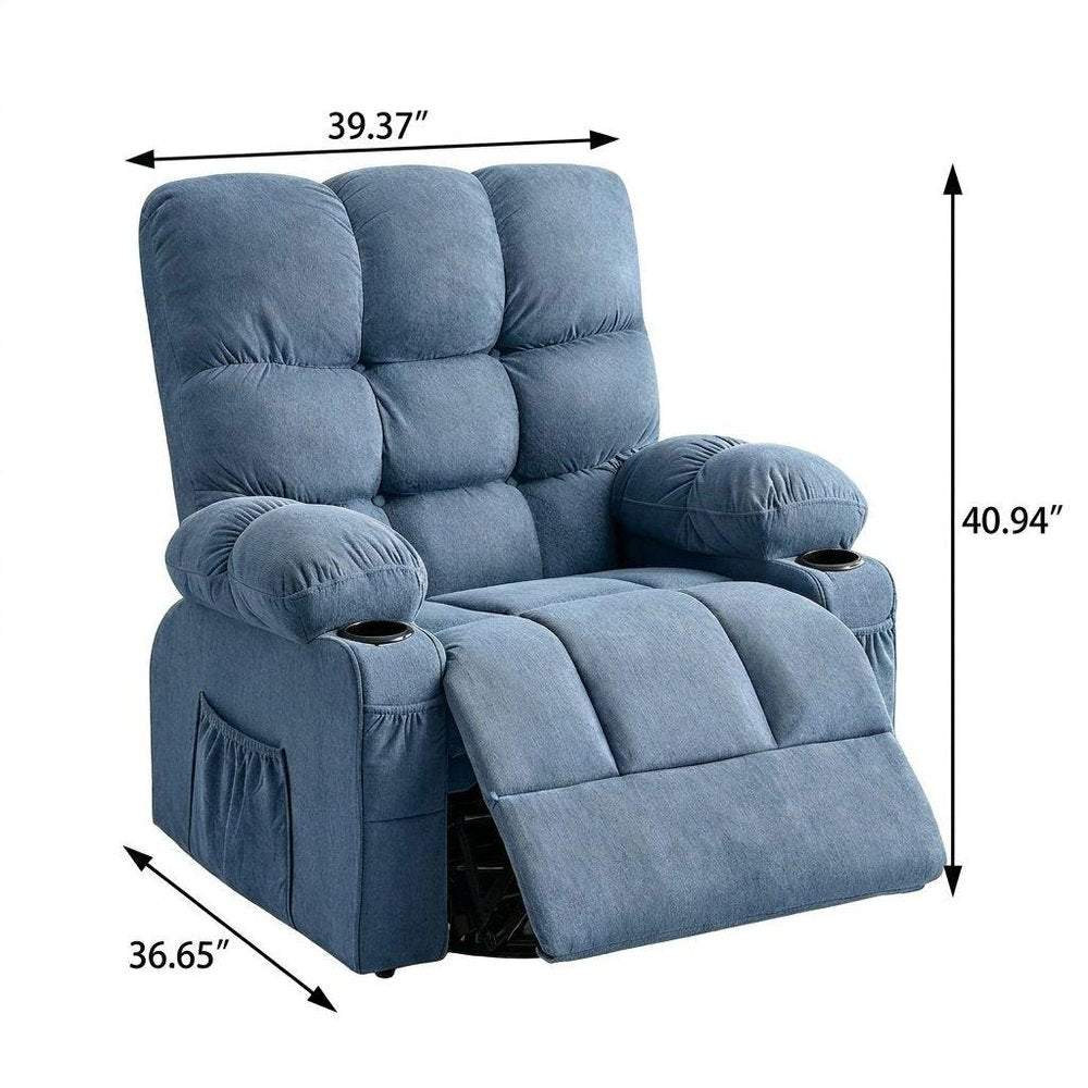 39" Blue Tufted Chenille Heated Massage Manual Rocker And Swivel Recliner With USB
