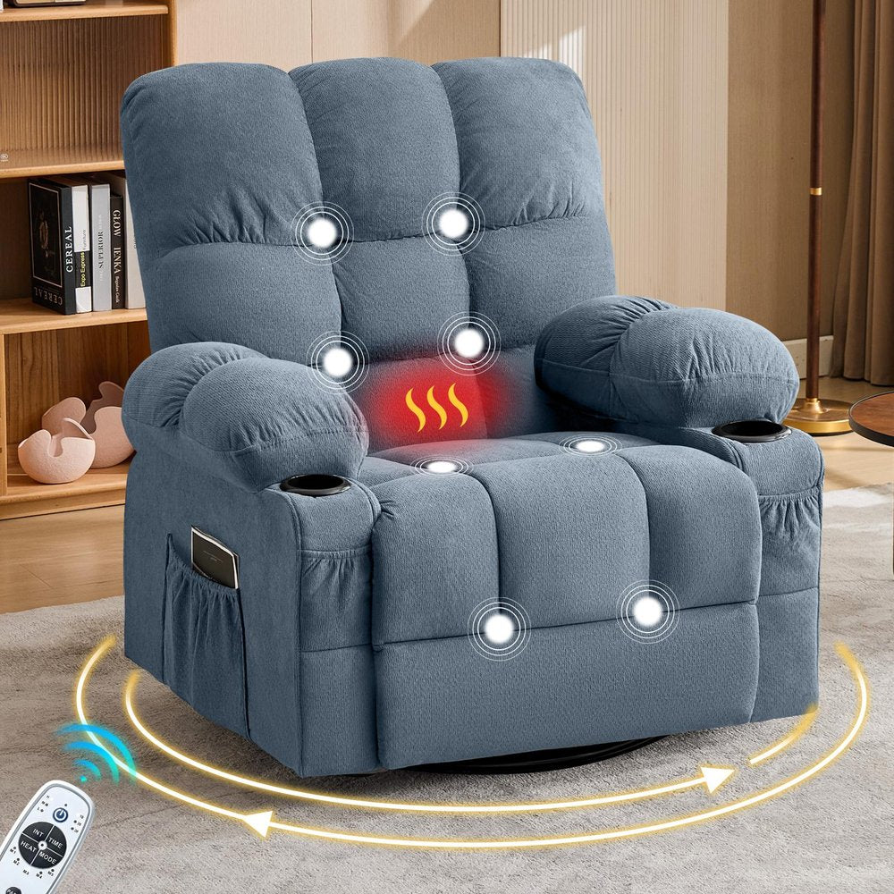 39" Blue Tufted Chenille Heated Massage Manual Rocker And Swivel Recliner With USB