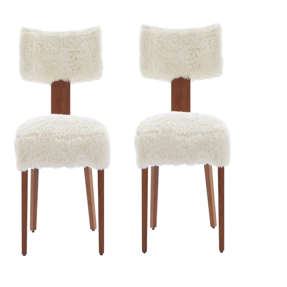 Set of Two White and Brown Tufted Dining Side Chairs