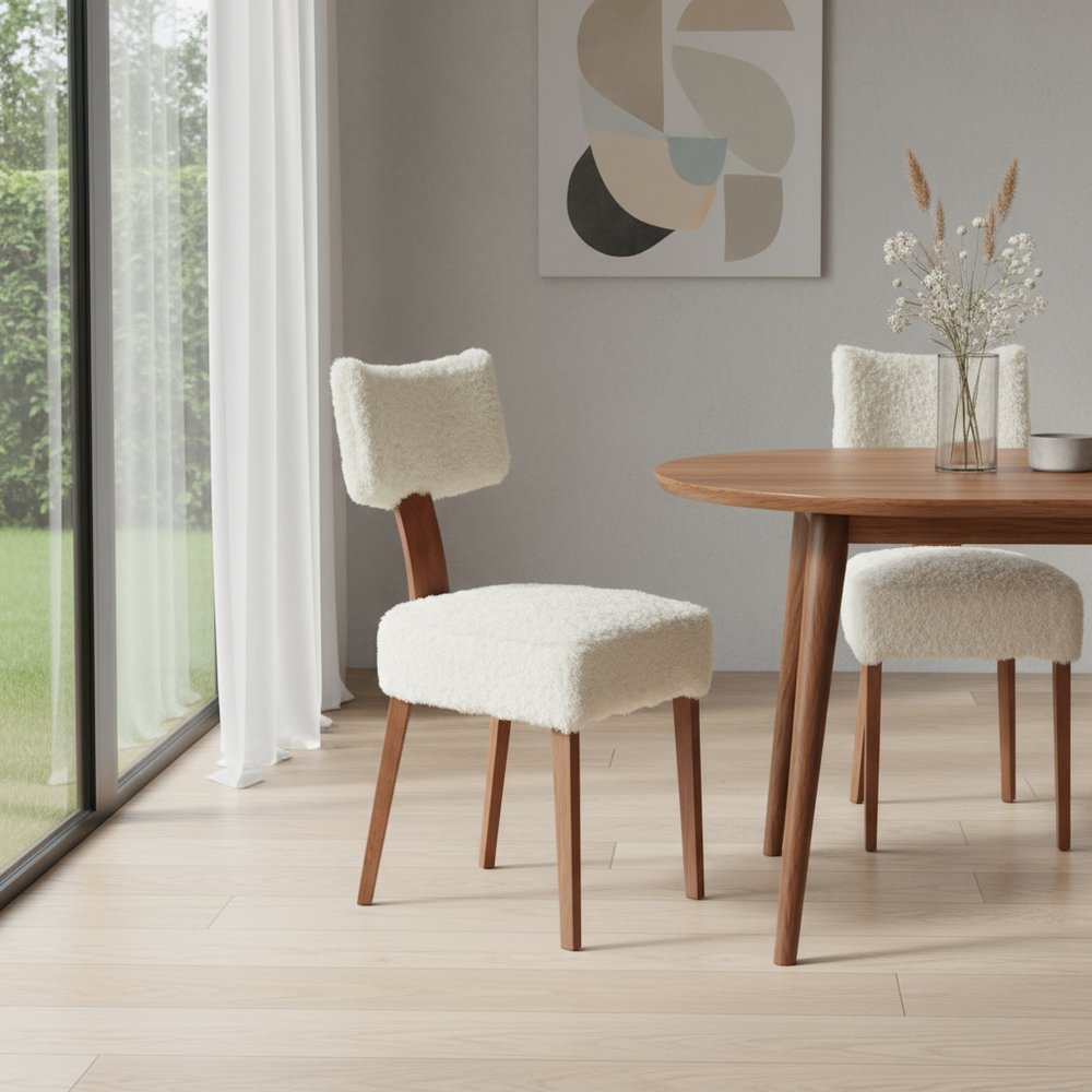 Set of Two White and Brown Tufted Dining Side Chairs