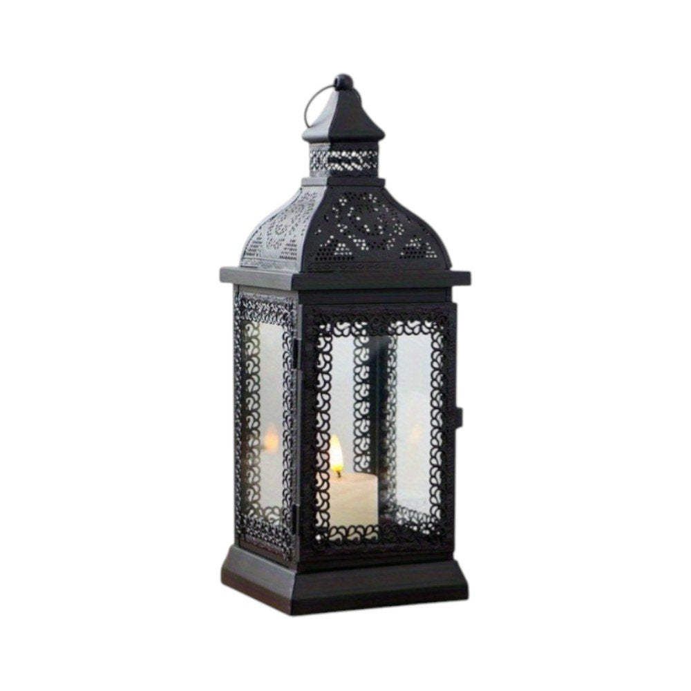 13" Clear And Black Glass And Metal Tabletop Lantern Candle Holder