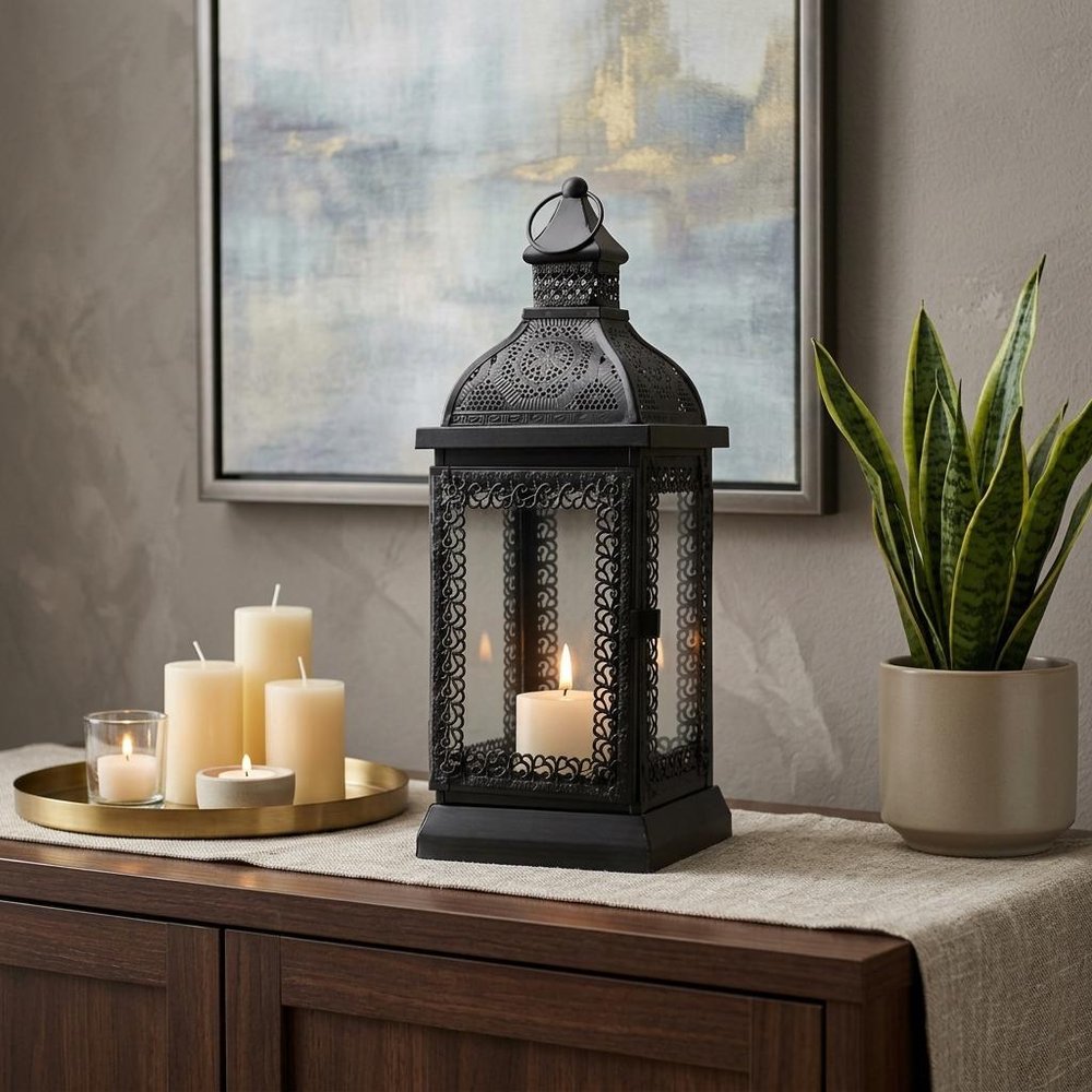 13" Clear And Black Glass And Metal Tabletop Lantern Candle Holder