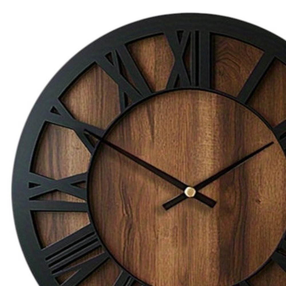 14" Black And Brown Solid Wood Silent Analog Round Wall Clock