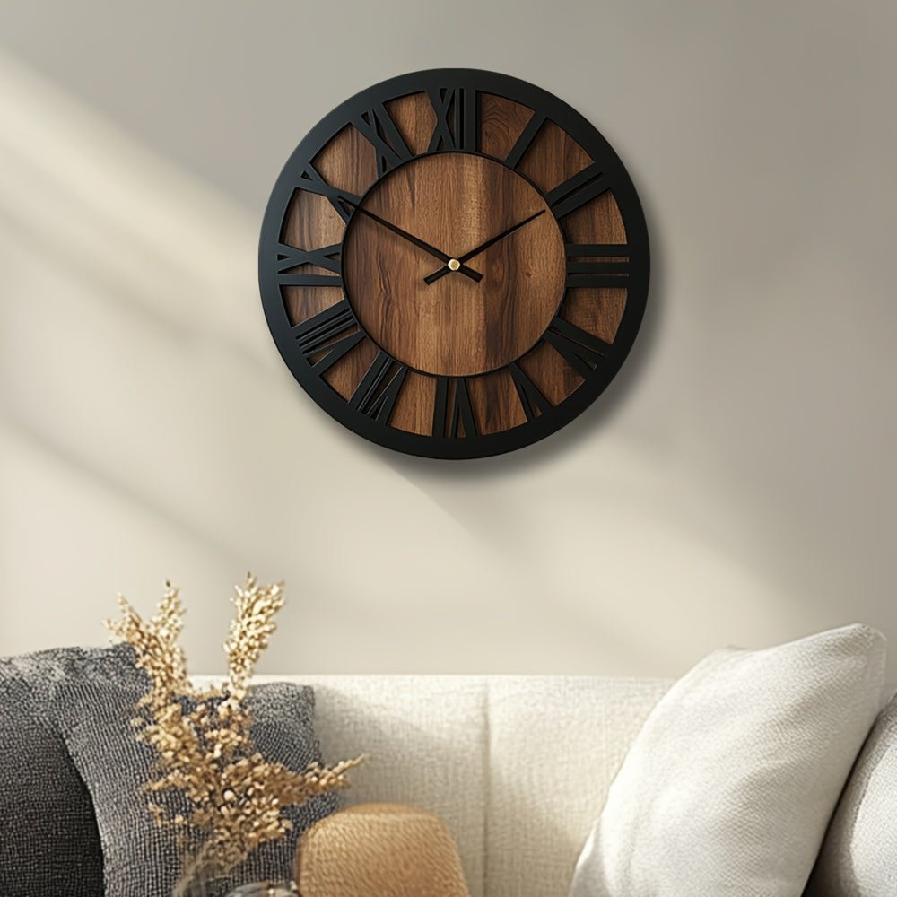 14" Black And Brown Solid Wood Silent Analog Round Wall Clock