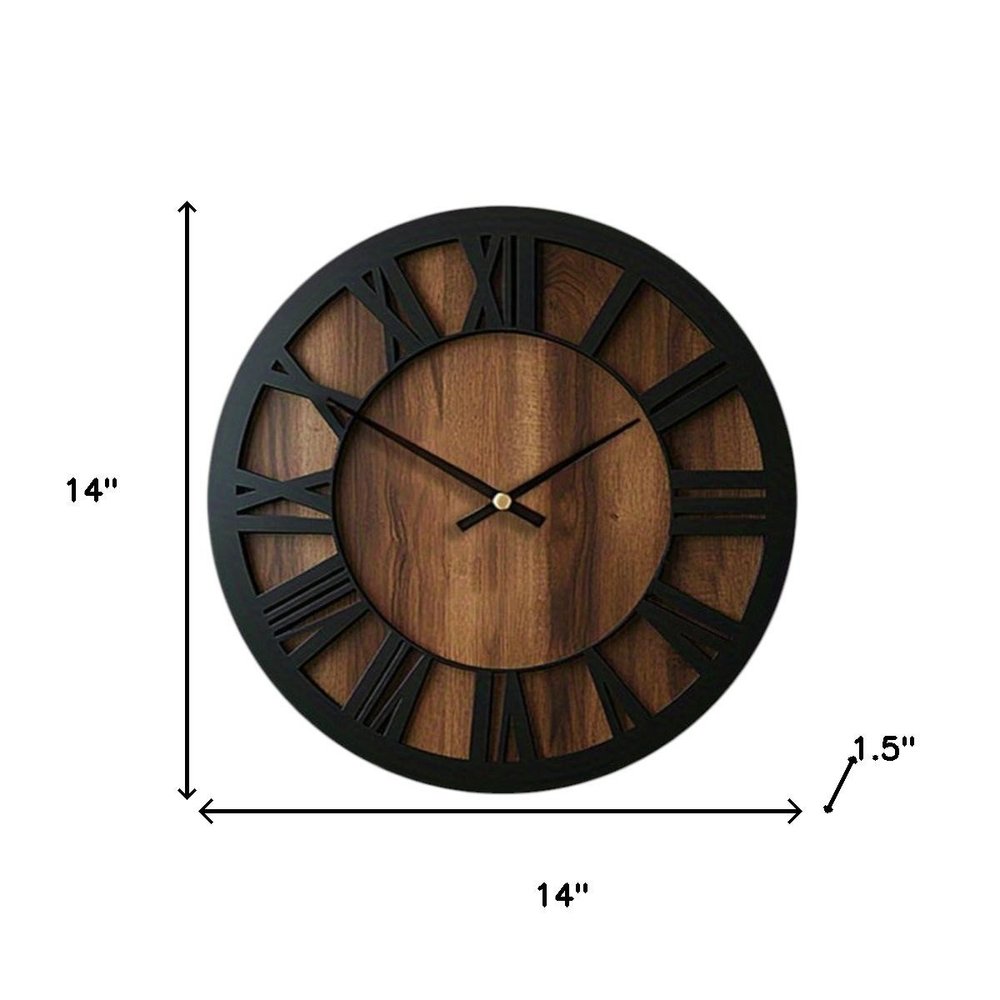 14" Black And Brown Solid Wood Silent Analog Round Wall Clock