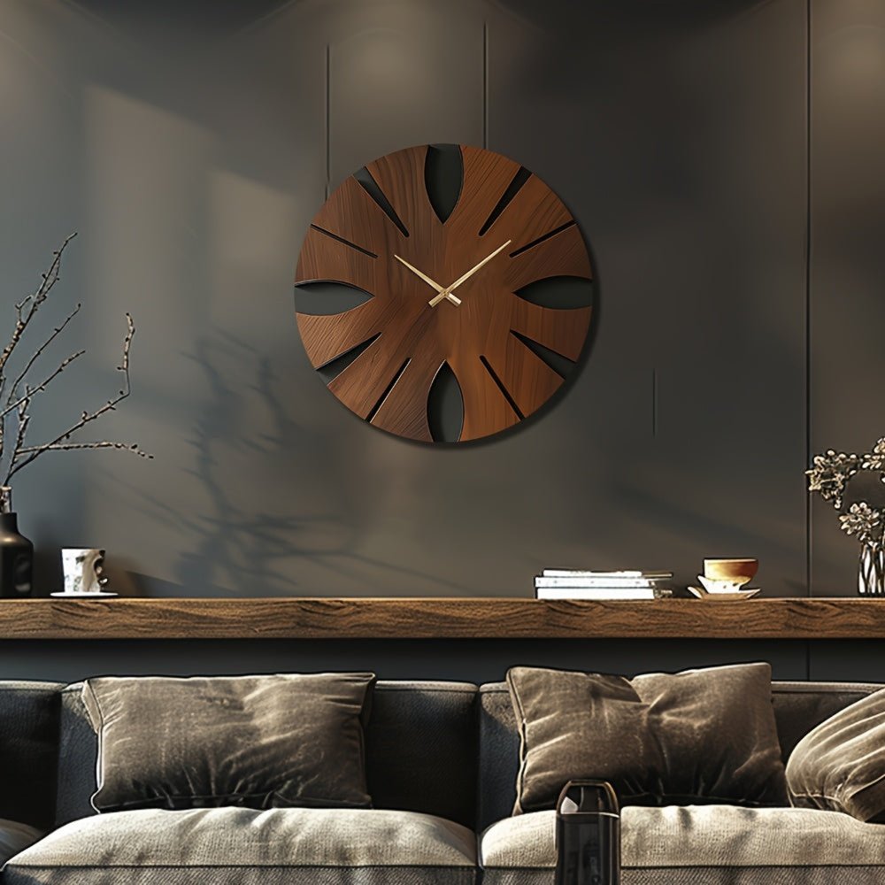14" Brown Solid Wood Silent Analog Abstract Round Wall Clock