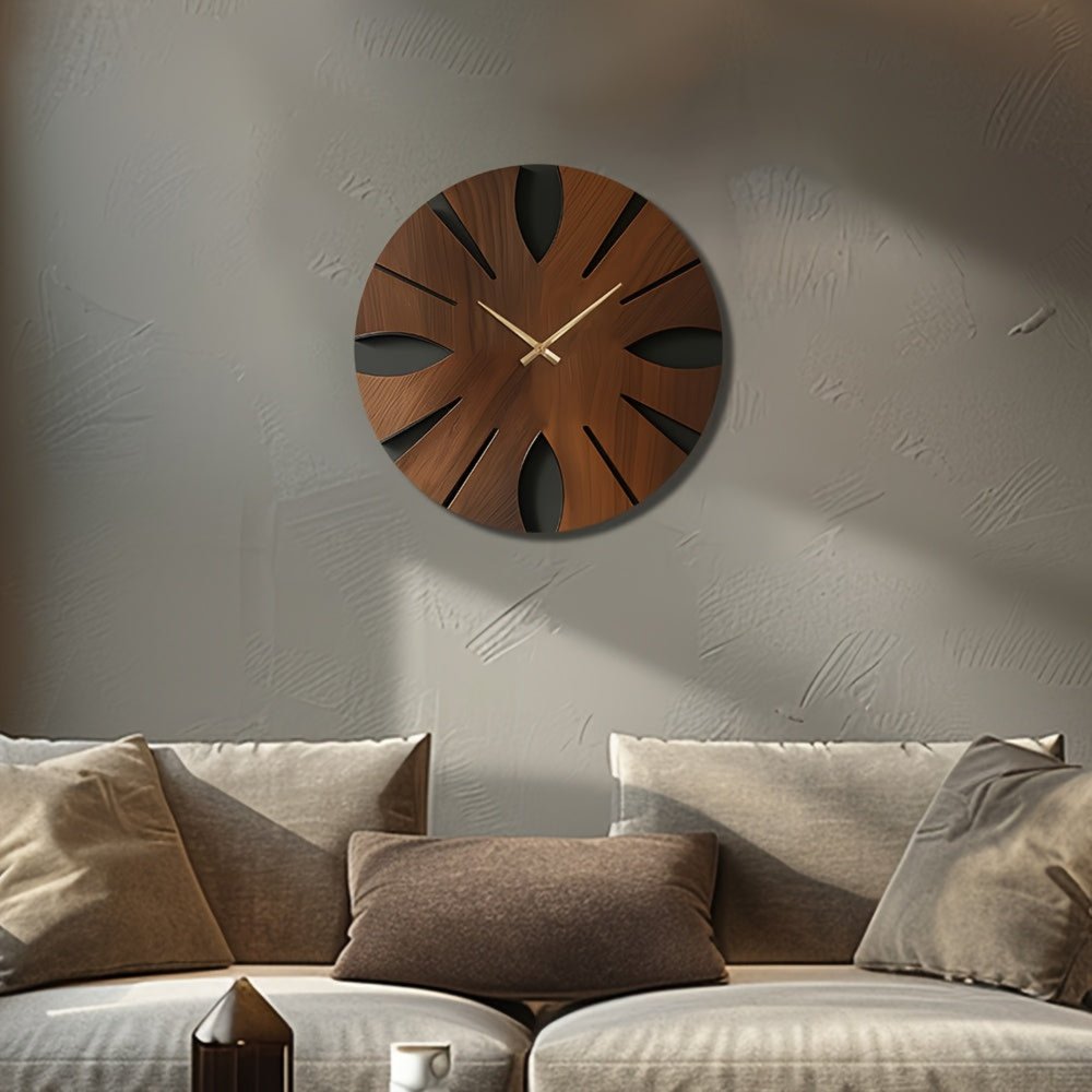 14" Brown Solid Wood Silent Analog Abstract Round Wall Clock