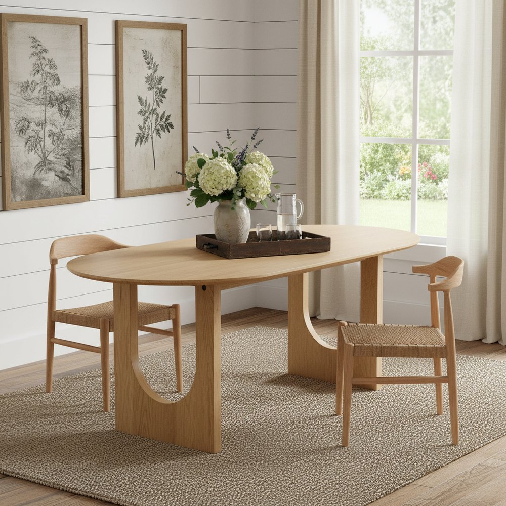 79" Natural Solid Wood Double Pedestal Base Oval Dining Table
