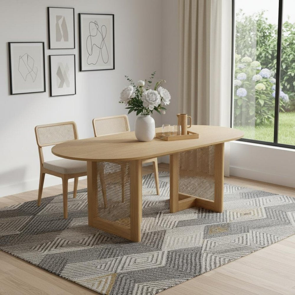 79" Natural Solid Wood and Rattan Double Pedestal Base Oval Dining Table