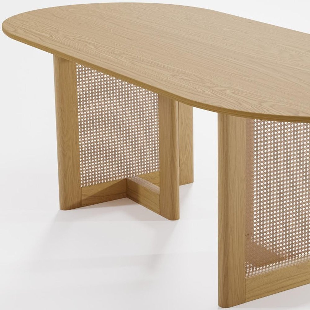 79" Natural Solid Wood and Rattan Double Pedestal Base Oval Dining Table