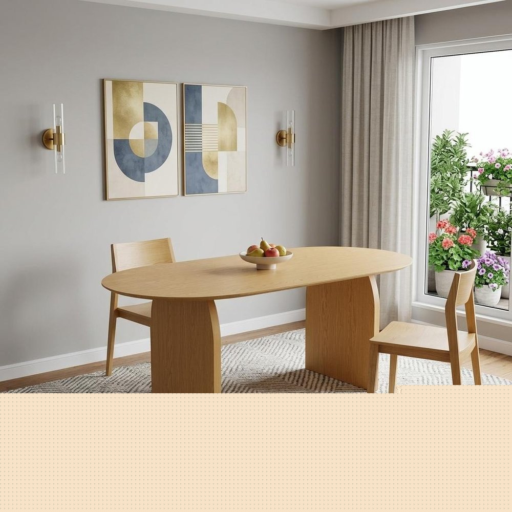 33" Natural Solid Wood and Wood Double Pedestal Base Oval Dining Table