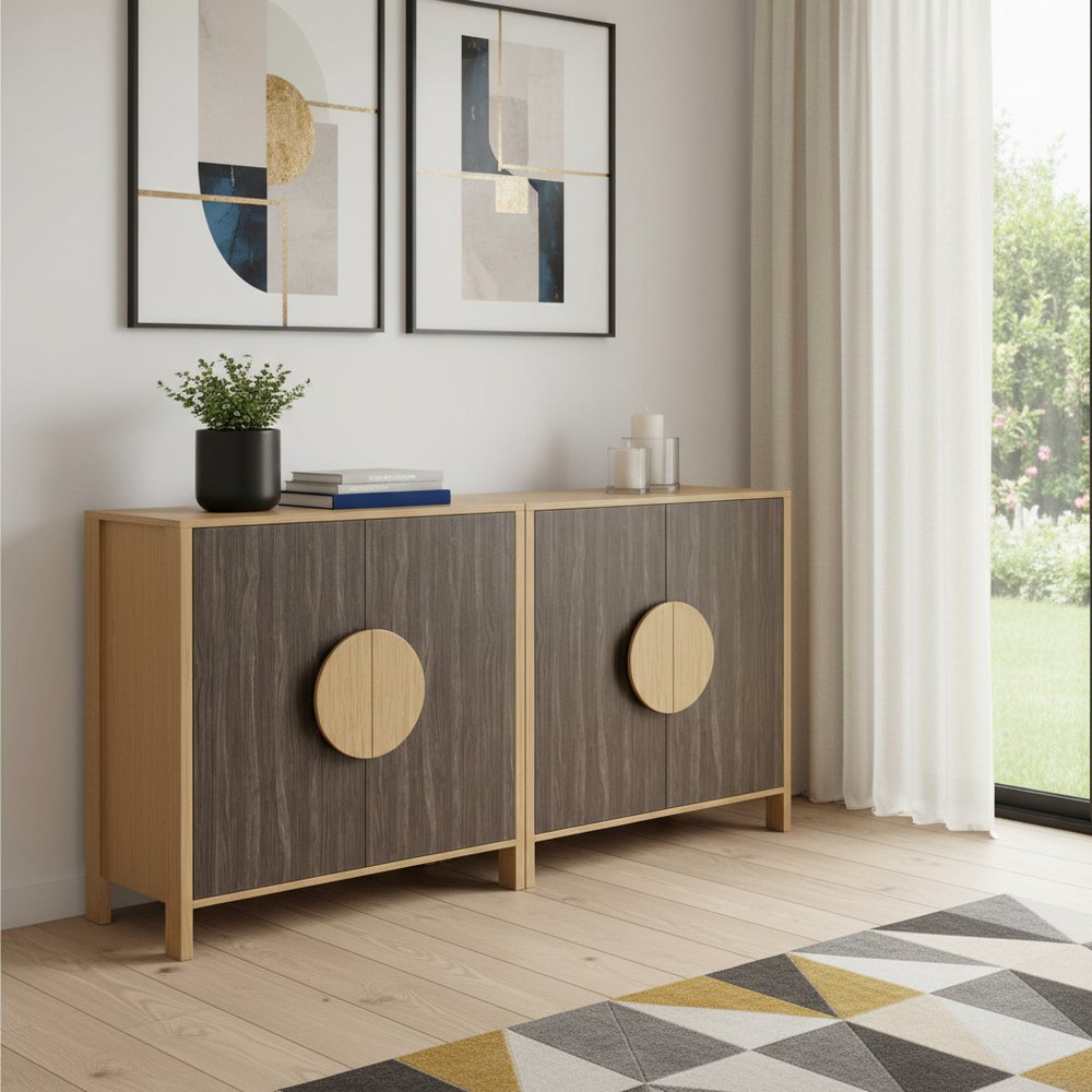 Set Of Two Sepia Solid Wood Console Accent Cabinet With Two Doors