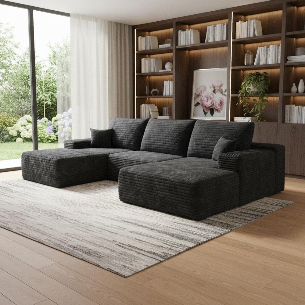 135" Black Corduroy Modular Universal Sofa With Ottoman And Toss Pillows