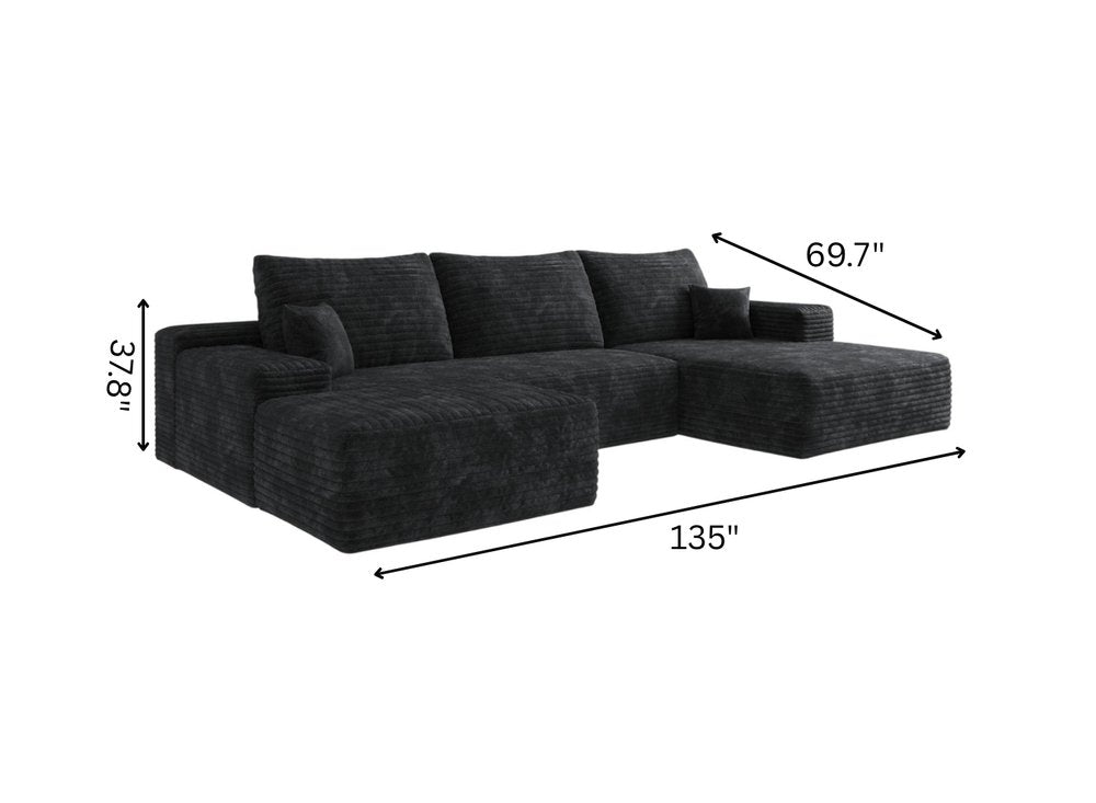 135" Black Corduroy Modular Universal Sofa With Ottoman And Toss Pillows