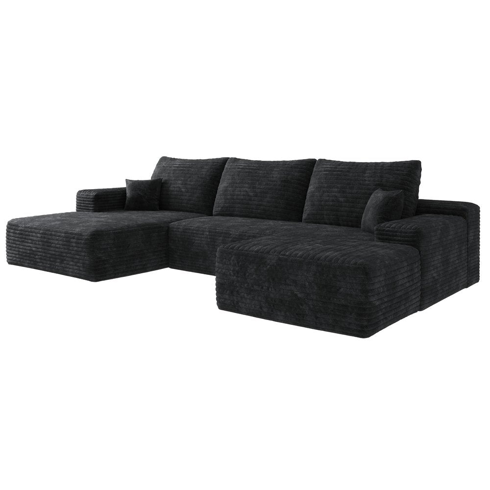135" Black Corduroy Modular Universal Sofa With Ottoman And Toss Pillows