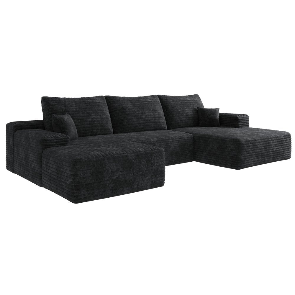135" Black Corduroy Modular Universal Sofa With Ottoman And Toss Pillows