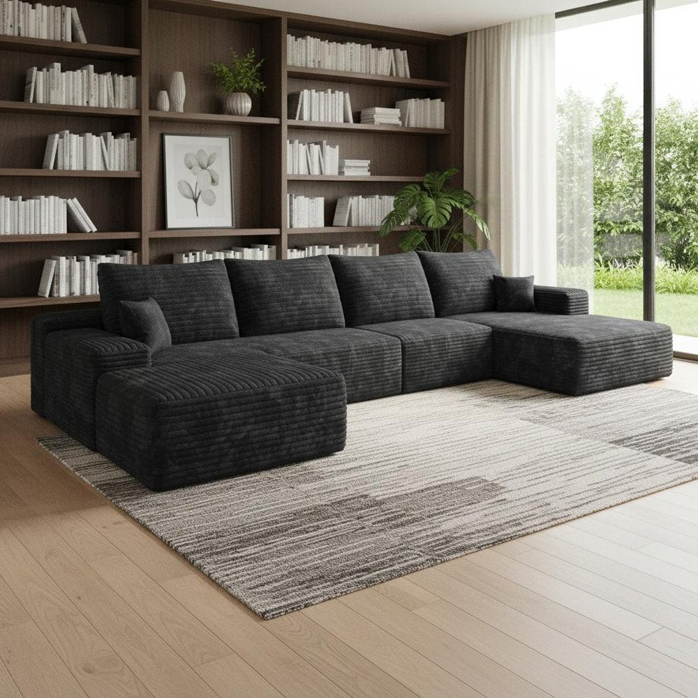 135" Black Corduroy Modular Universal Sofa With Ottoman And Toss Pillows