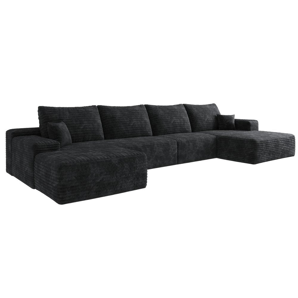 135" Black Corduroy Modular Universal Sofa With Ottoman And Toss Pillows