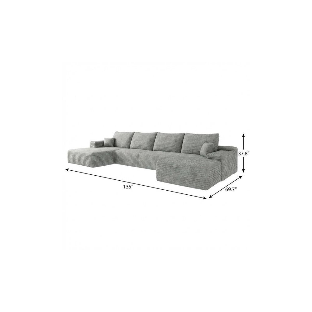 135" Gray Corduroy Modular Universal Sofa With Ottoman And Toss Pillows
