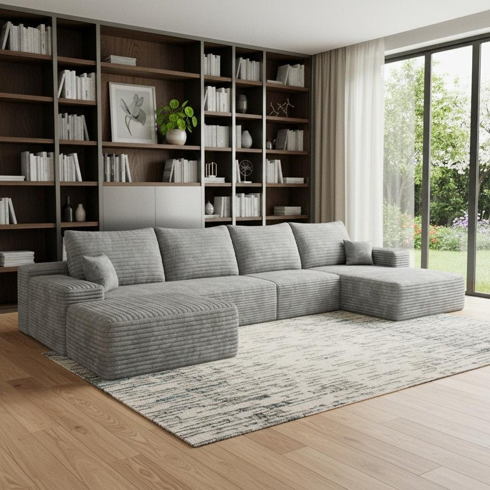 135" Gray Corduroy Modular Universal Sofa With Ottoman And Toss Pillows