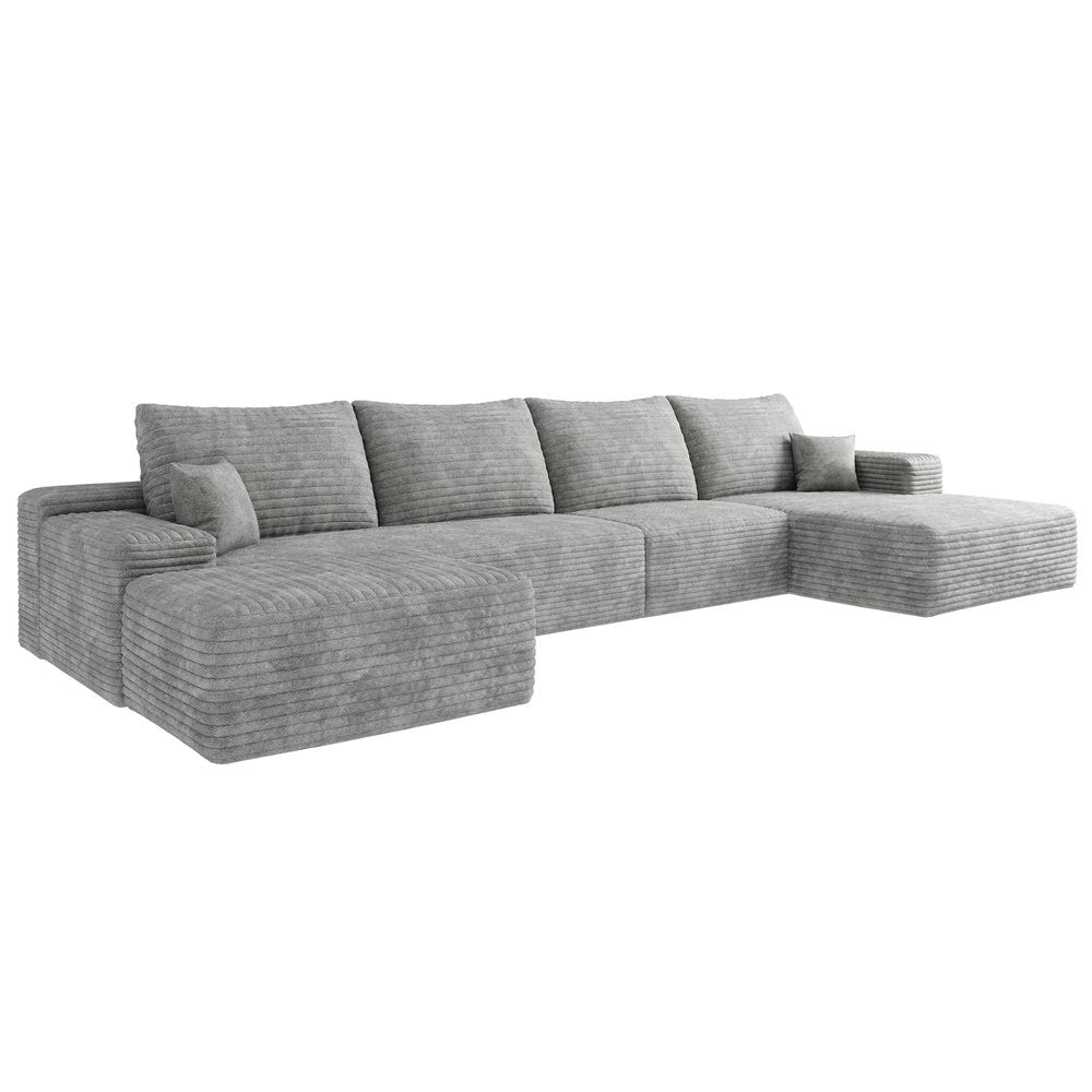 135" Gray Corduroy Modular Universal Sofa With Ottoman And Toss Pillows