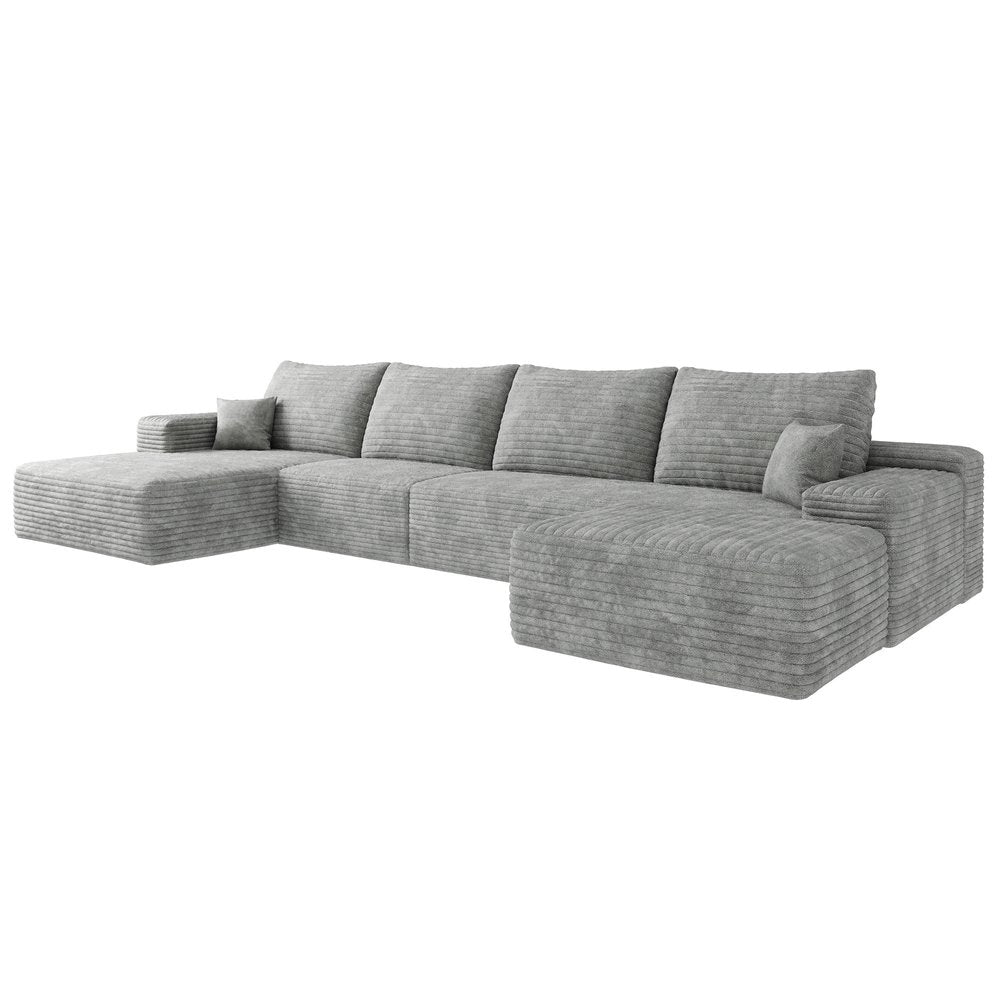 135" Gray Corduroy Modular Universal Sofa With Ottoman And Toss Pillows