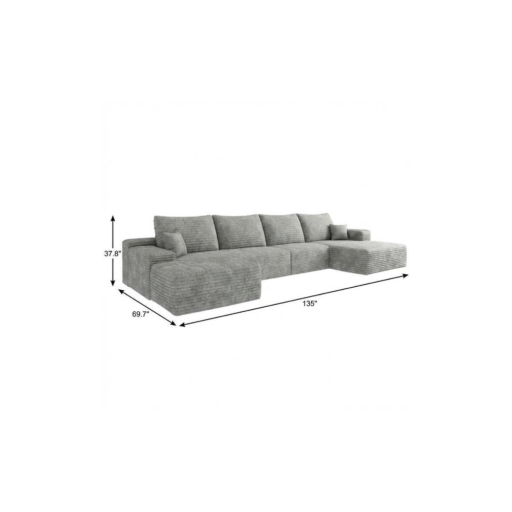135" Gray Corduroy Modular Universal Sofa With Ottoman And Toss Pillows