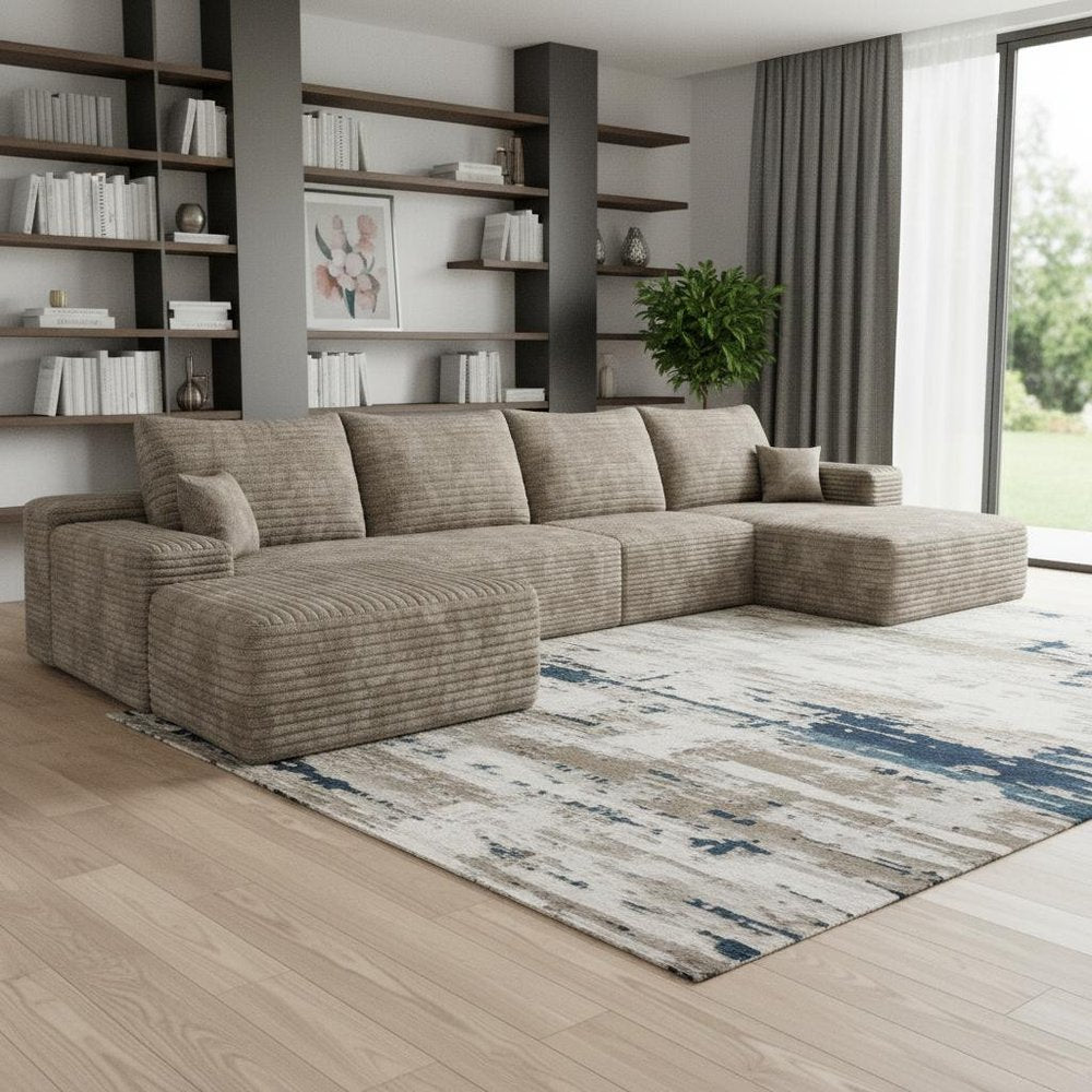 135" Camel Corduroy Modular Universal Sofa With Ottoman And Toss Pillows