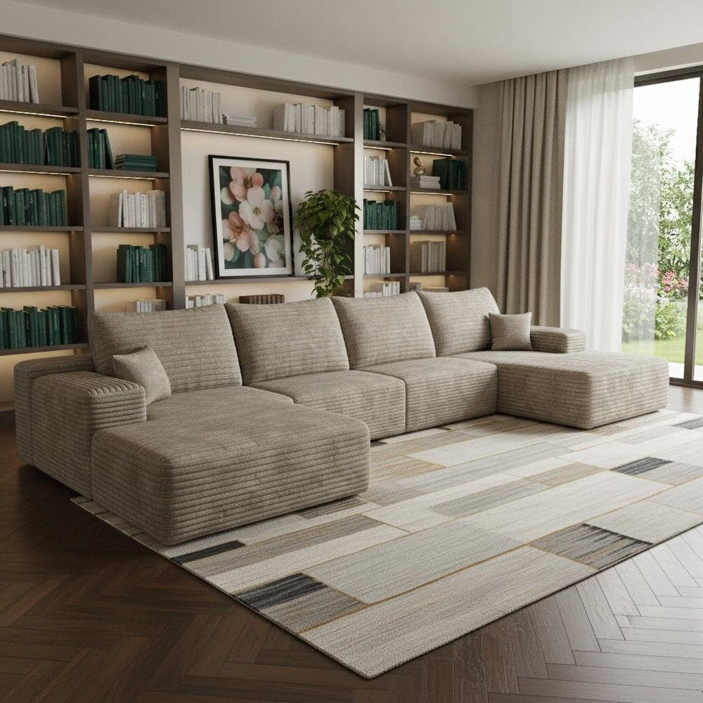 135" Camel Corduroy Modular Universal Sofa With Ottoman And Toss Pillows
